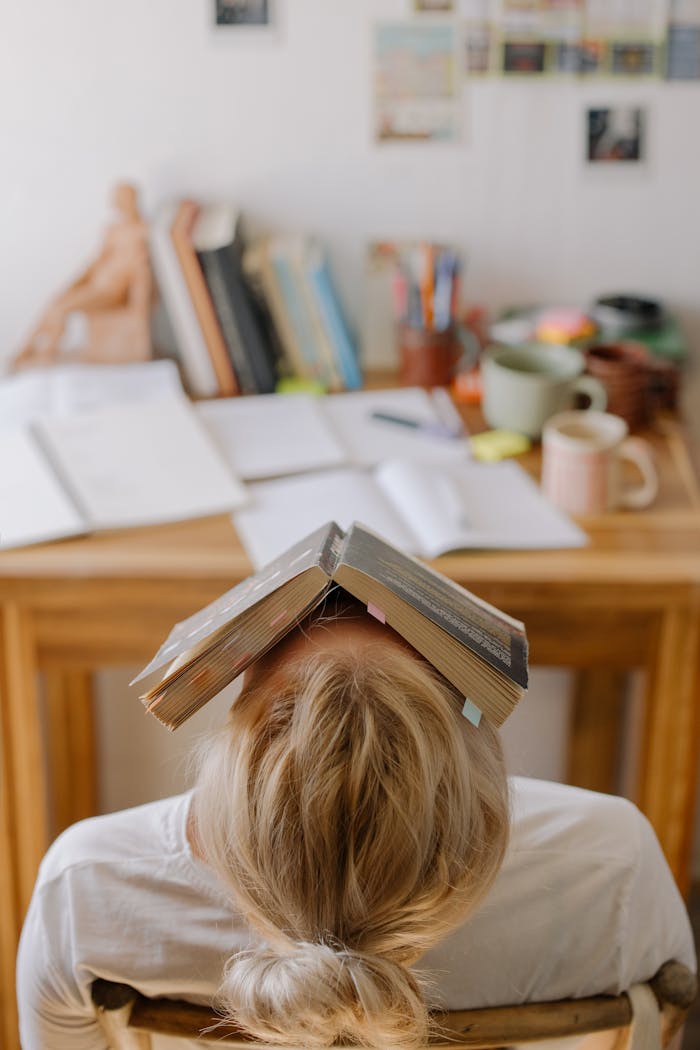 services-04 Student feeling stress and exhaustion while studying at a cluttered desk with an open book on their head.